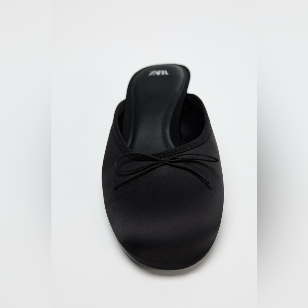 Zara Black Satin Kitten Heel Mules with Bow - Picture 4 of 13